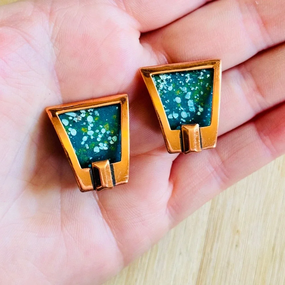 Matisse Renoir Clip Enamel MOD Earrings VTG Signed Chunky Retro Copper MCM 60s
